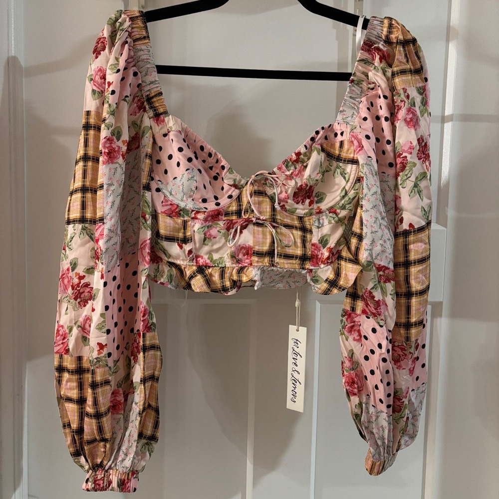 NWT XS‎ For Love & Lemons Marissa  Patchwork Floral Crop Top Long Sleeve Boho